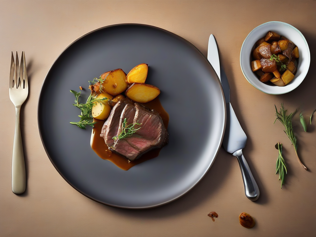 Bife de Costela com Molho de Cebola Caramelizada e Batata Doce