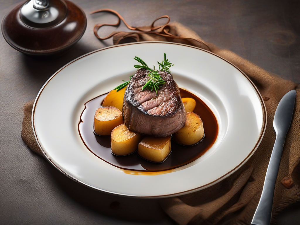Bife de Costela com Molho de Cebola Caramelizada e Batata Doce