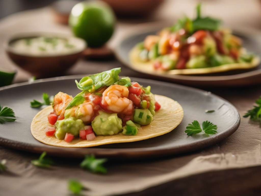 Tacos de Camarão com Salsa de Abacate e Molho de Chipotle