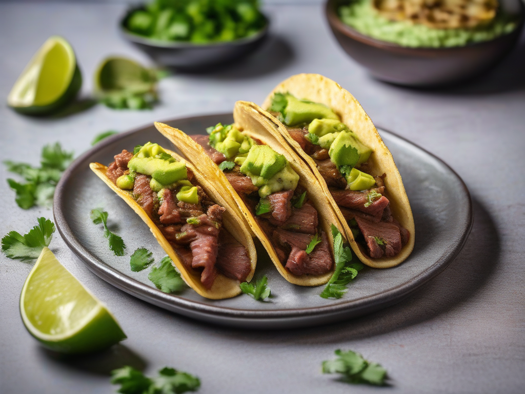 Tacos de Carne de Boi com Salsa de Abacate e Cilantro